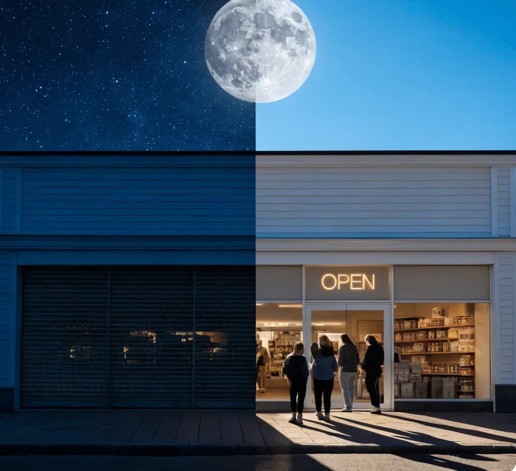 One storefront split down the middle: shuttered at night under a full moon on the left, open in bright morning daylight with customers at the door on the right